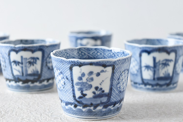 江戸後期 蛸唐草文 染付 輪花 そば猪口 向付 6客 江戸後期 蛸唐草文 染