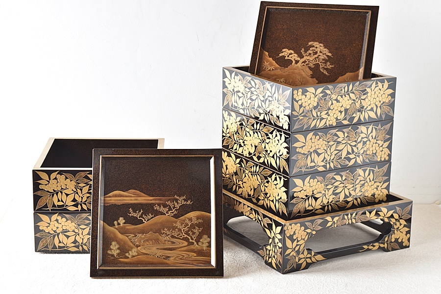 時代漆器 扇面金銀高蒔絵 三段重箱 / 加賀蒔絵 木製漆器 茶懐石道具