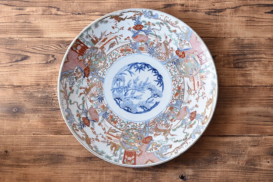 古伊万里 染付 五寸皿 松 飛翔鶴 江戸時代 金直し 金継ぎ