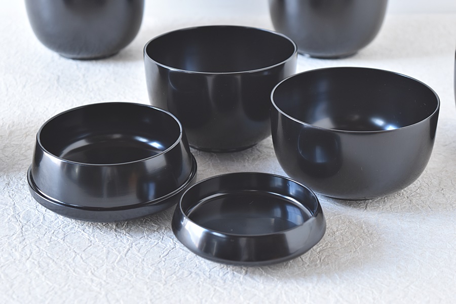 天然木製漆塗 黒漆塗 信玄弁当箱 5客セット - 生活骨董と古布の