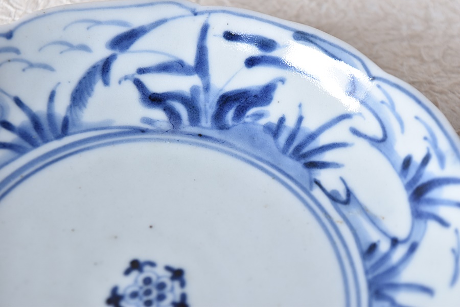 古伊万里6寸皿染付角福5客呉須五弁花ブルー有田焼