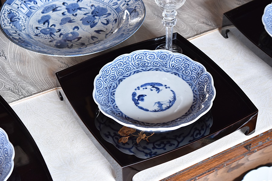 古伊万里 花唐草染付皿 江戸時代 染付 唐花 骨董 金直し 金