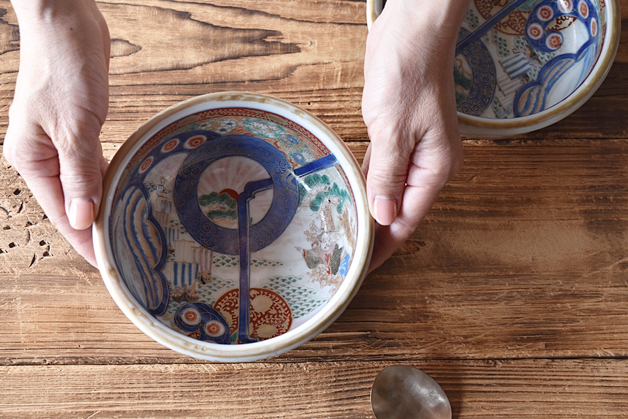 伊万里 線描き 染付 海辺 帆掛舟 風景図 深鉢 1対 [B31314] 【公式通販】