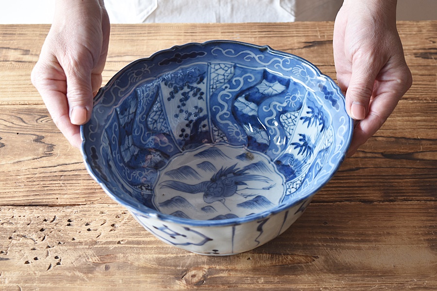 古伊万里 染付 豆皿 釣り 漁 唐人 江戸 骨董 アンティーク 金直し 金継ぎ