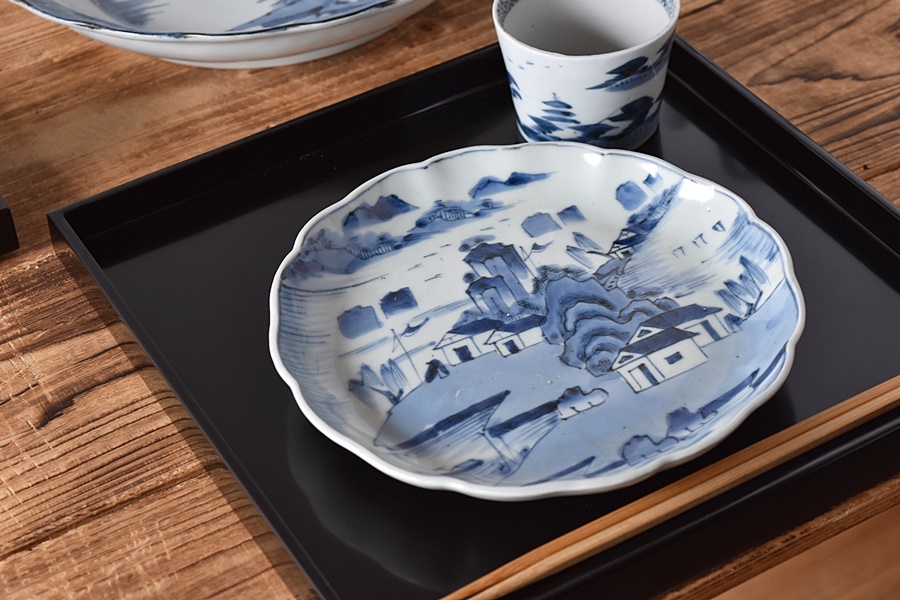 236『染付 山水 輪花皿』/骨董品 古美術 古道具 アンティーク