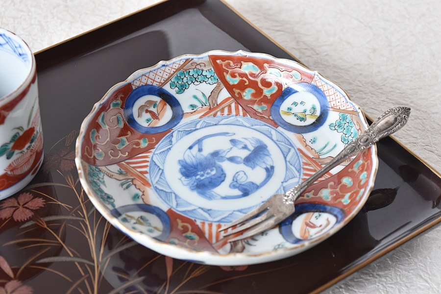 424 骨董 アンティーク 古伊万里 成化年製 染付 5寸輪花皿 2点組 幕末