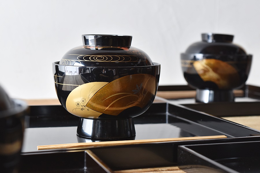 輪島塗 扇面蒔絵 松竹梅蘭菊 流水 雑煮椀 5客セット - 生活骨董と古布