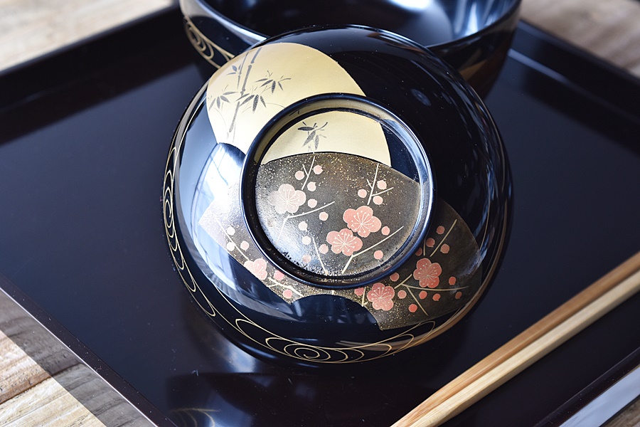 輪島塗 扇面蒔絵 松竹梅蘭菊 流水 雑煮椀 5客セット - 生活骨董と古布