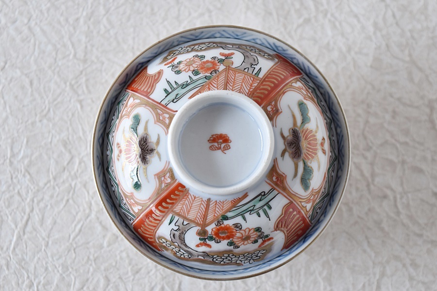 伊万里 色絵 鶴菊蝶 猪口 5個 [B31357] 伊万里 色絵 鶴菊蝶 猪口 5個