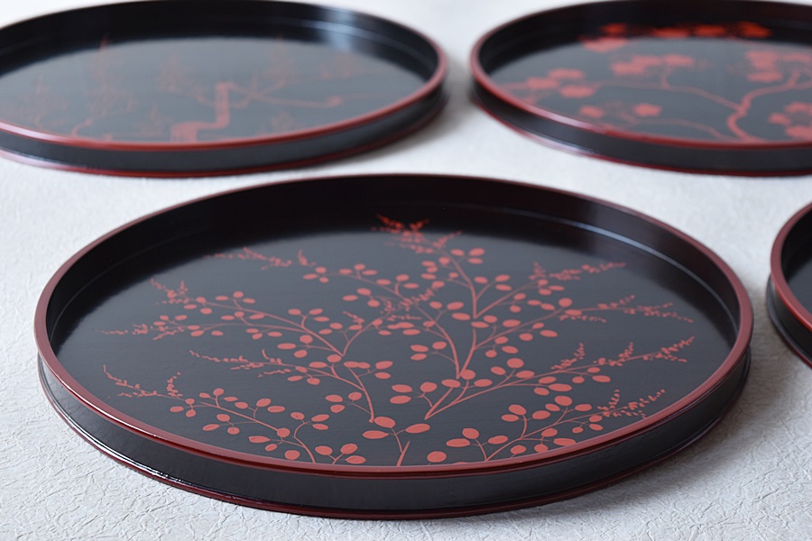 漆芸 紅葉桜 波千鳥 蒔絵 巻足 平卓 花台 黒塗 梨地 木製