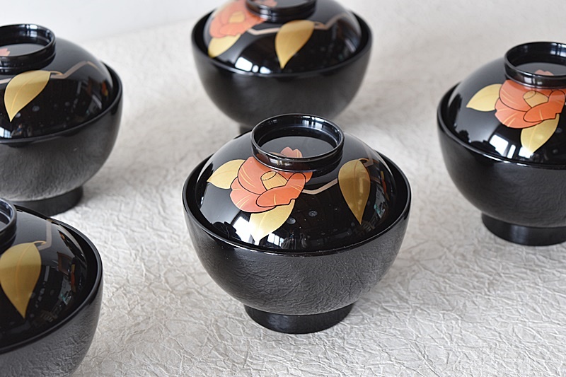 能登輪島塗 銘 玉峯 朱漆 根引松見返翁蒔絵 吸物椀 2客/ 木製