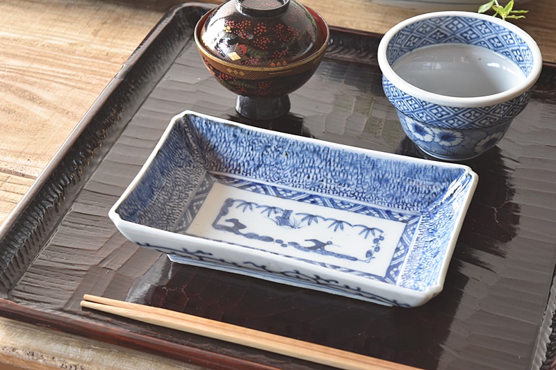 古伊万里 微塵唐草文 長皿 骨董 アンティーク 伊万里 染付 微塵唐草 成化