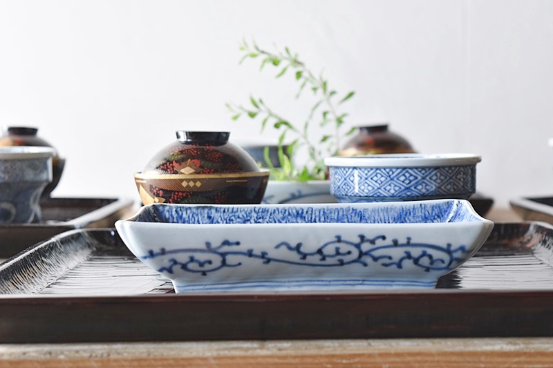 古伊万里 染付 微塵唐草 長皿 五枚 裏唐草文 名品 古美術 1700年代 古