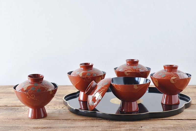 漆器 輪島塗 木製古漆器 蓋付 お椀・汁椀・吸物椀 10客揃 松竹梅