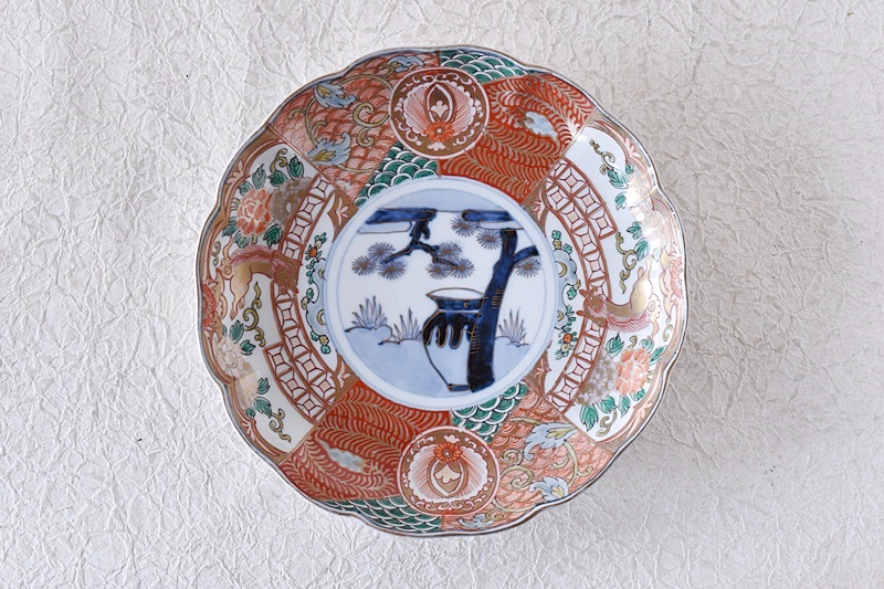 骨董アンティーク藍九谷古九谷金銀彩輪花七寸皿牡丹蛇籠水車