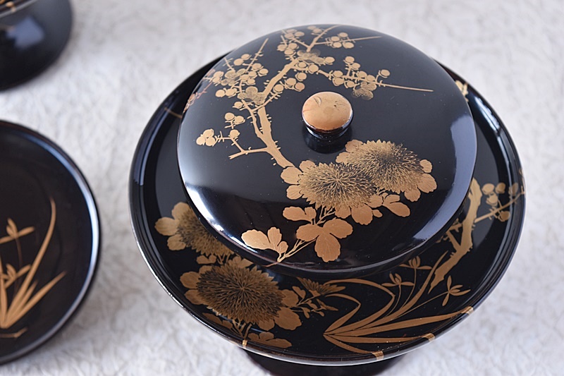 AB29 天目台一対 茶台 高茶台 高脚 金 高蒔絵 草花図