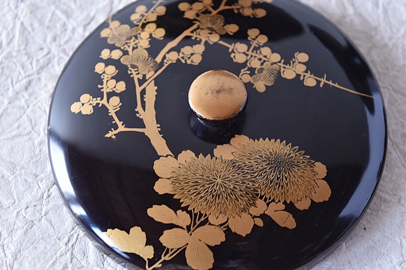 AB29 天目台一対 茶台 高茶台 高脚 金 高蒔絵 草花図 朱漆 木箱 昭和