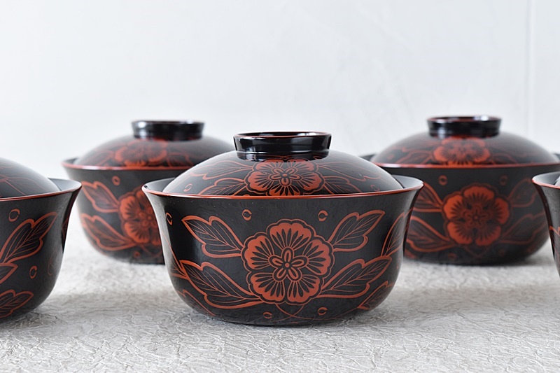 能登輪島塗 漆塗り蒔絵 木製蓋付椀 煮物椀5客セット共箱