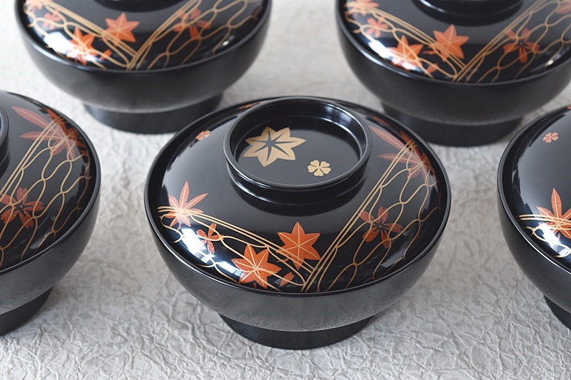 輪島塗 あみめ煮物碗 紅葉と桜 5客セット - 生活骨董と古布の