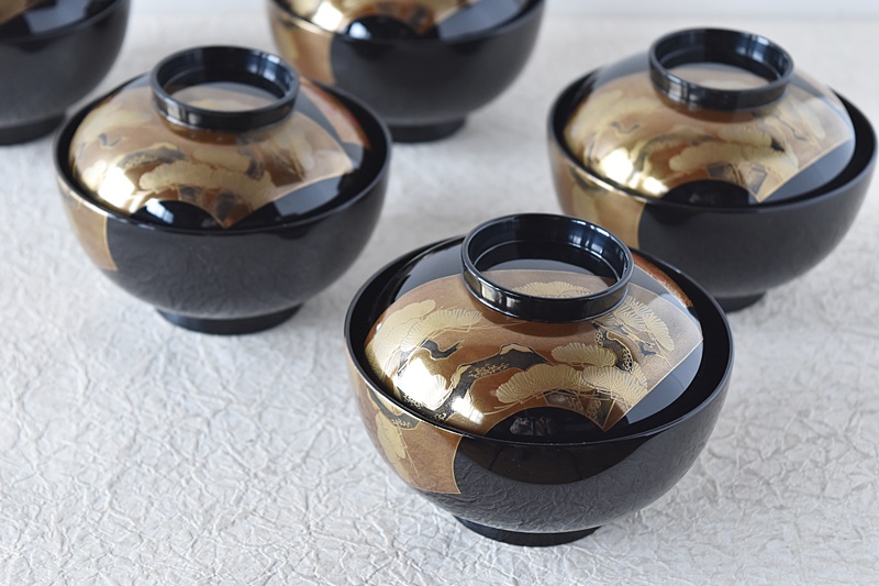 沈金蒔絵 木製漆塗吸物椀10客 時代物 お椀 汁椀 貝細工 芍薬