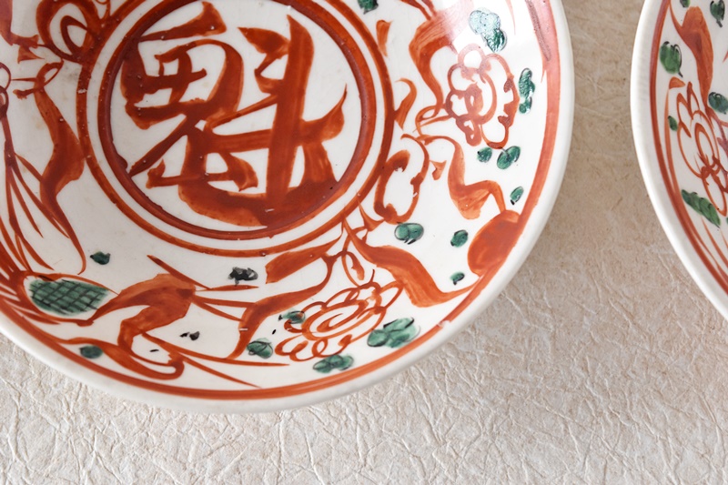 九谷 呉須赤絵花鳥魁字 角福文 5.5寸皿 5枚セット - 生活骨董と古布の