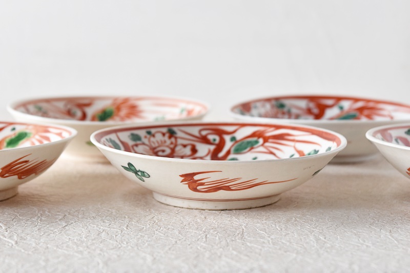 九谷 呉須赤絵花鳥魁字 角福文 5.5寸皿 5枚セット - 生活骨董と古布の