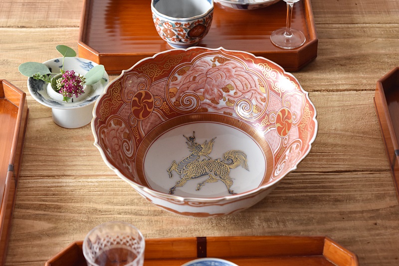 ♥九谷 鉢 銅の持ち手付き 菓子鉢 茶道具 骨董 古玩 レトロ