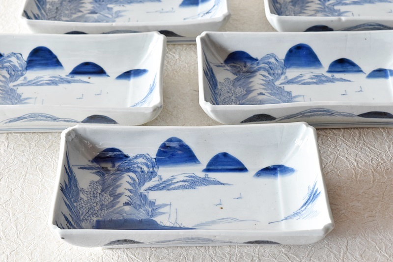 骨董 アンティーク 古伊万里 染付 水車波文様 長方皿 長皿 料理 懐石 2