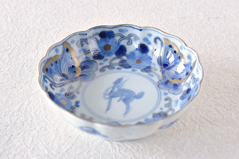 ♢古伊万里 中国古玩 染付 陽刻麒麟紋 5寸皿 アンティーク 骨董品