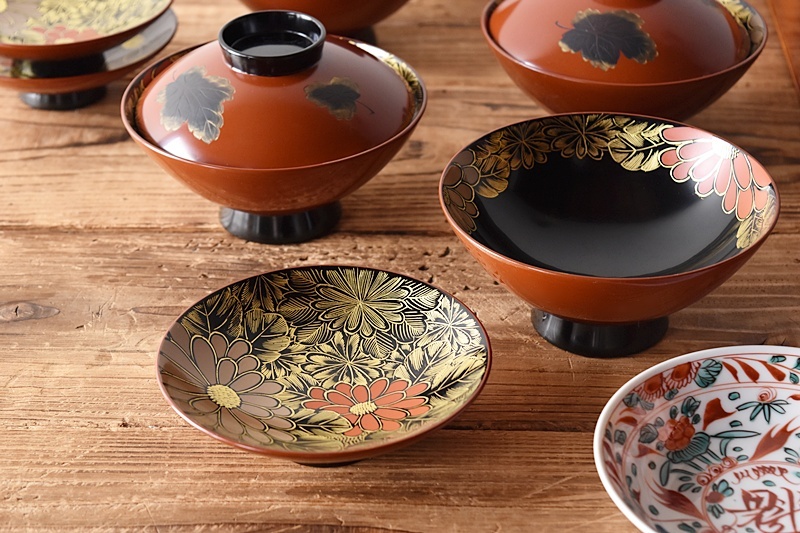 輪島塗 ワジマ漆輝堂 大極上本堅地 沈金蒔絵 菊尽くし 吸物椀 - 生活