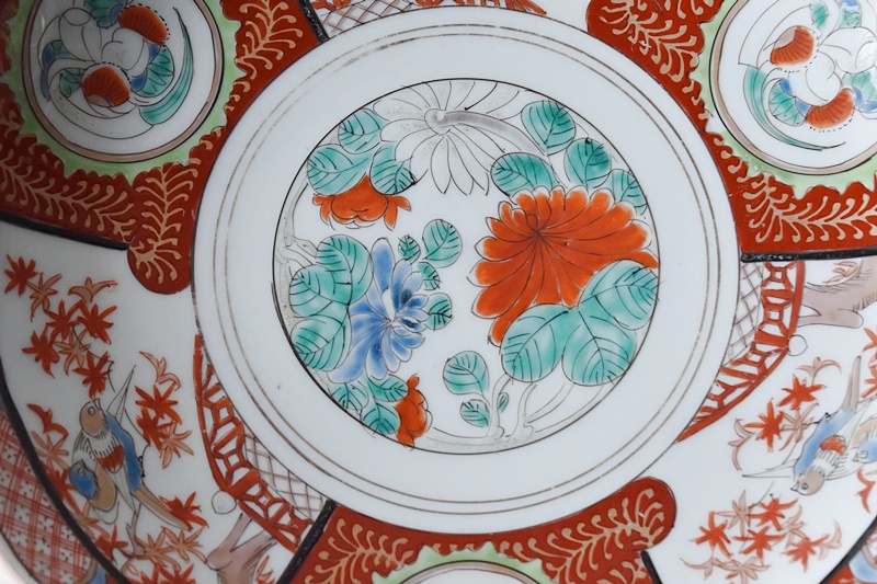 伊万里 色絵 赤絵 花鳥 夫婦鳥 輪花型 九寸皿 大皿 - 生活骨董と古布の