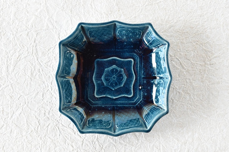 珉平焼 四方隅切皿 交趾陽刻 小皿 7枚 70707 珉平焼 四方隅切皿 交趾