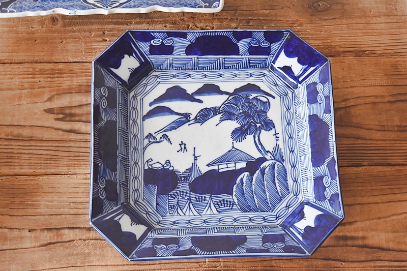 時代物古伊万里四方隅切皿染付青華ベロ 時代物古伊万里四方隅切皿染付