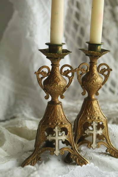祭壇の燭台・ペア ブロンズキャンドルスティック レリジャス