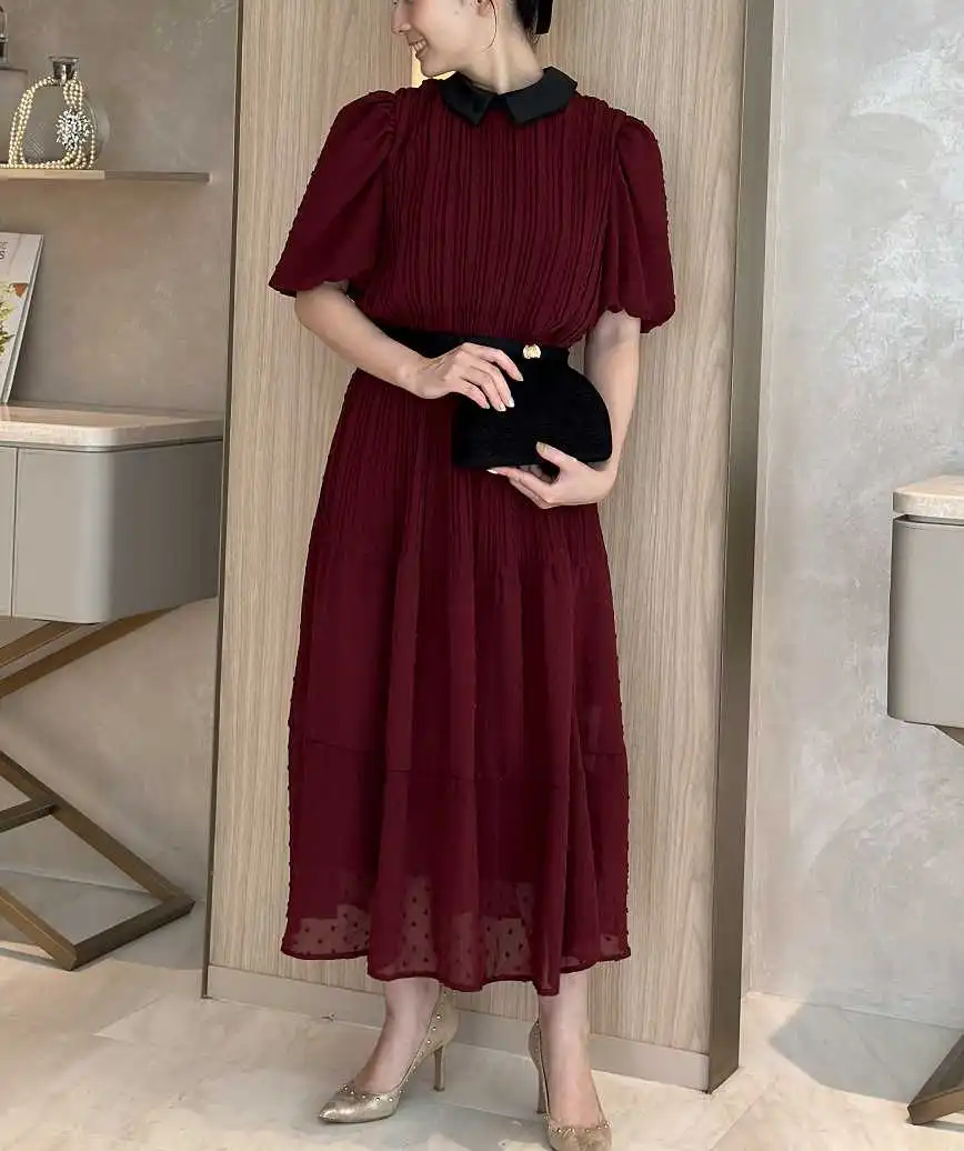 OGボリュームトップパフスリーブAラインミディアムドレス-ボルドー-M