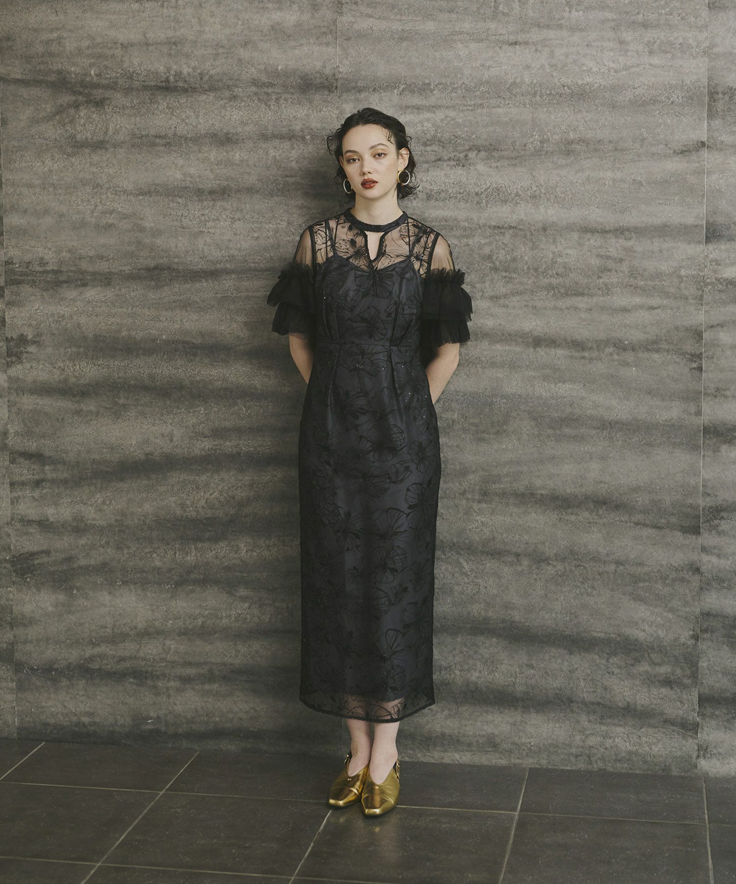 ANDRESD key neck embroidery dress Mサイズ key neck embroidery