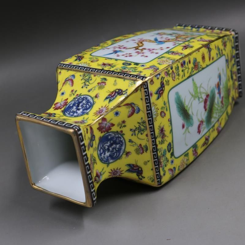 清乾隆琺瑯彩飄花黄地花鳥四方瓶 景徳鎮 陶磁器 装飾品 注文 現代工芸