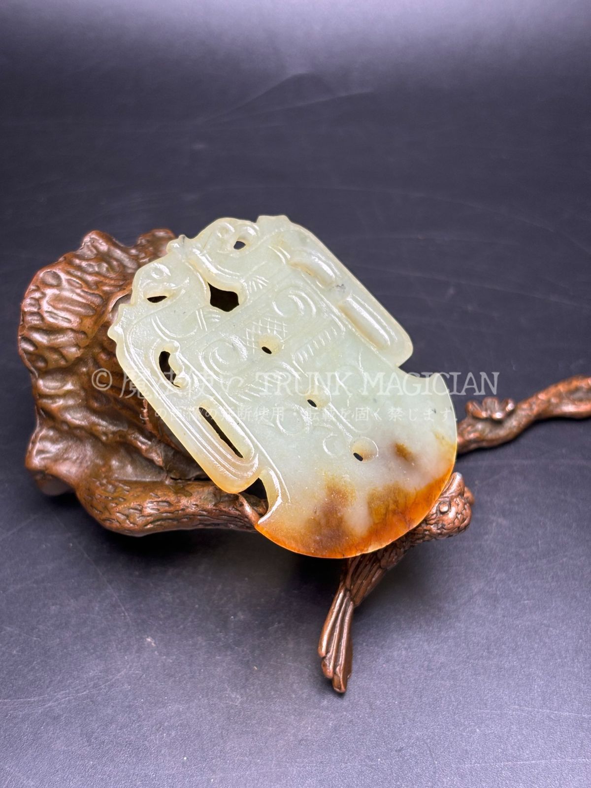 旧家蔵出し 和田玉細密彫 羊脂白玉 沁色自然 龍鳳呈祥紋 玉斧 彫刻