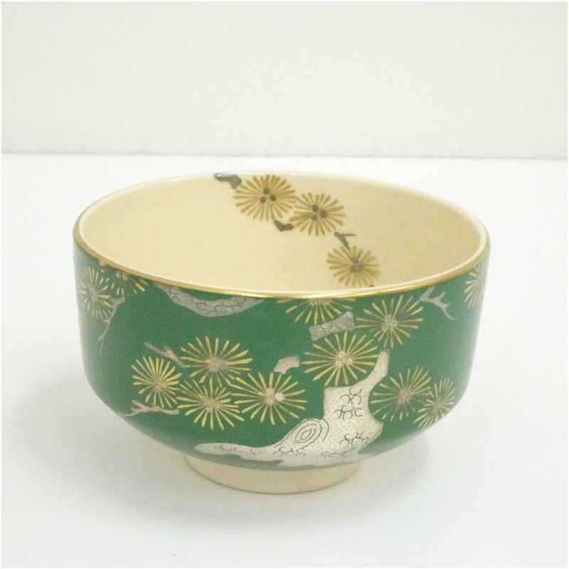 京焼 東雲窯造 緑釉金襴唐松茶碗（共箱） 茶道 抹茶 おしゃれ 抹茶茶碗