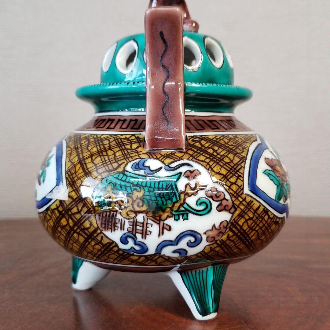 古青手九谷焼 緑釉獅子付香炉 高さ35cm 古青手九谷焼 緑釉獅子付香炉