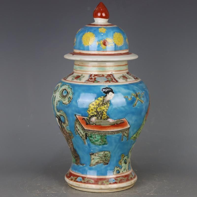 康熙藍地パステル人物将軍缶 景徳鎮 陶磁器 装飾品 現代工芸品 美術品