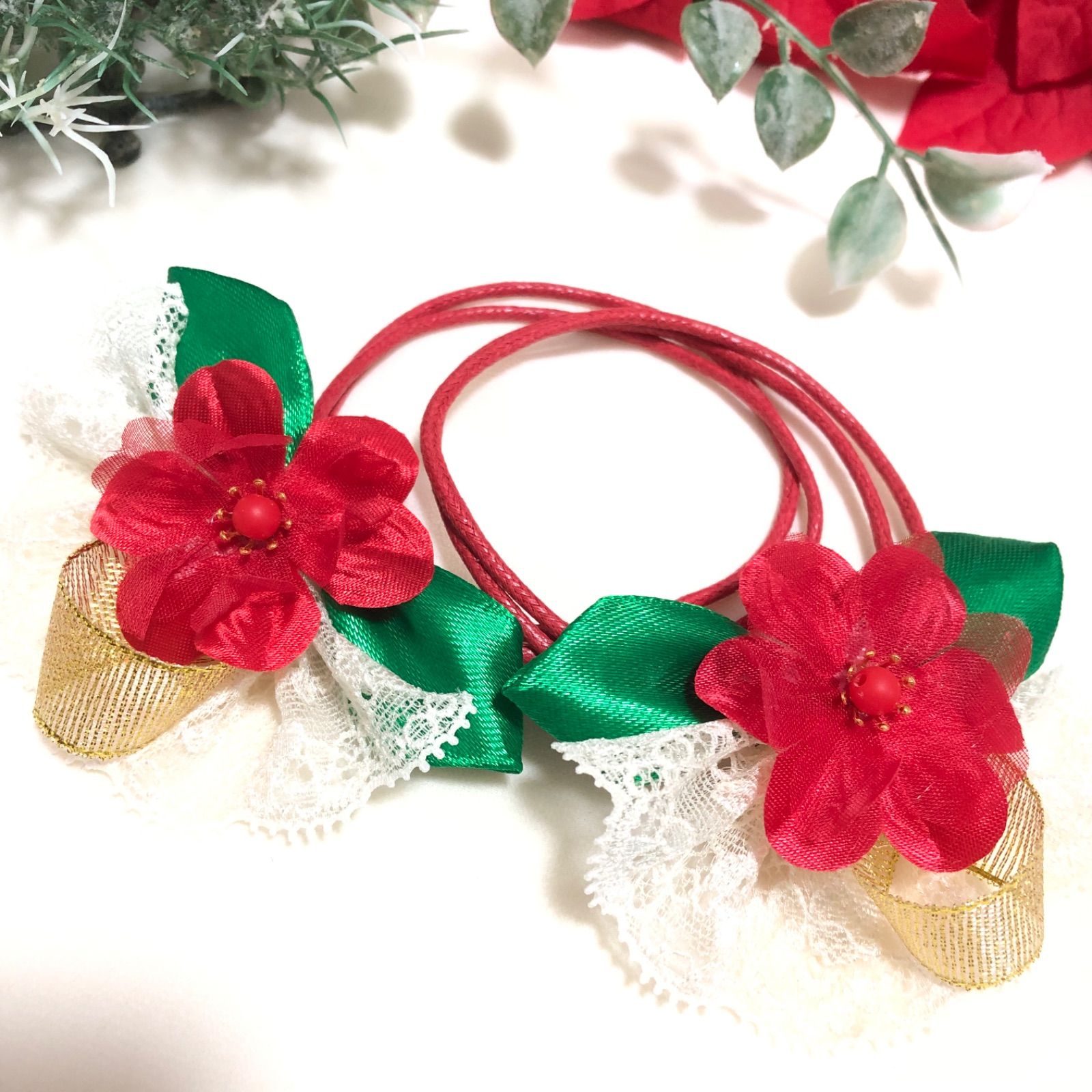 🎄クリスマスポインセチアレースリボン🎄業務用チョーカー【20本