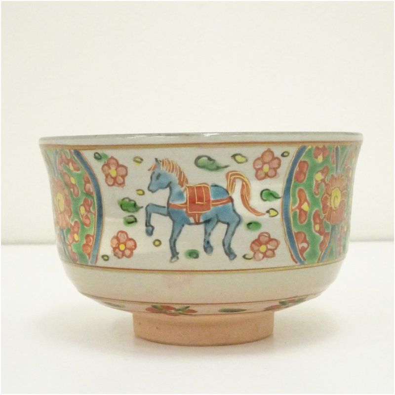 京焼 橋本永豊造 赤絵馬茶碗（共箱） 茶道 抹茶 おしゃれ 抹茶茶碗