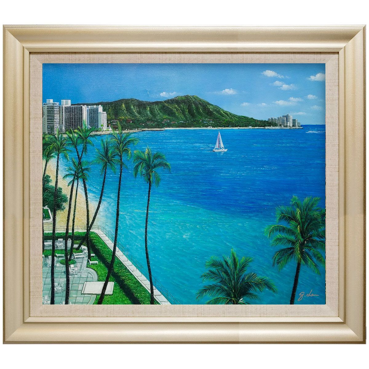 油彩原画 夕日の海・ハワイ M8号 額装品 油彩原画 夕日の海・ハワイ