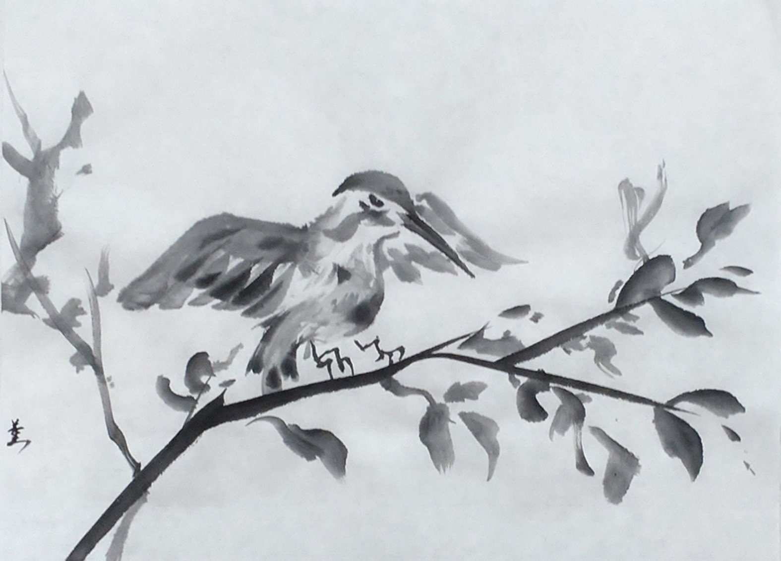 水墨画 鳥の絵 水墨画 鳥の絵 00 「始動」 墨絵(mixed mediaー銀箔