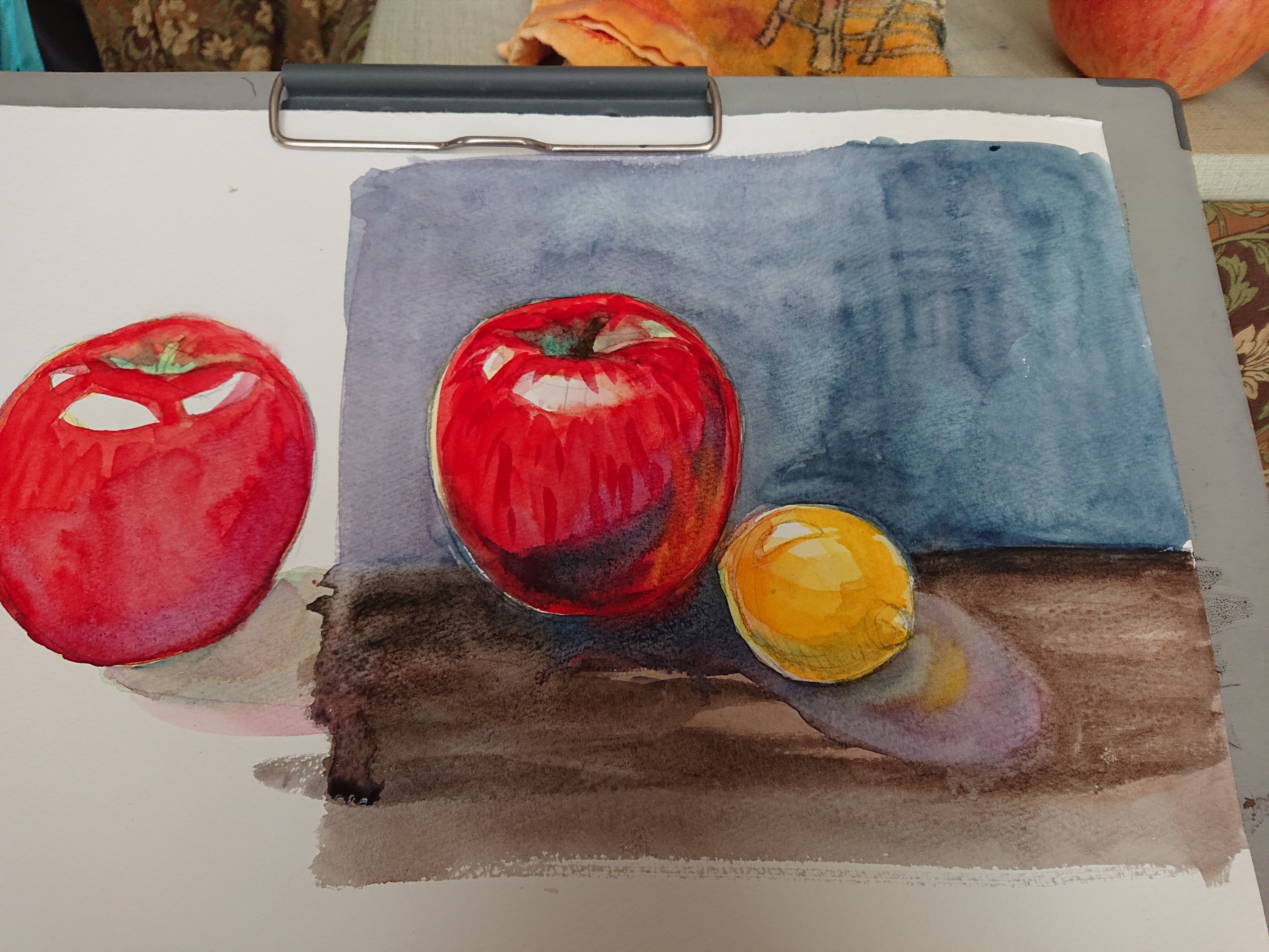 SEPTEMBER 油彩画 赤いリンゴとレモン りんごとレモン、透明水彩で描い