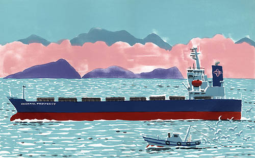 柳原良平 「QE2」1992年 6号 油彩 キャンバス鑑定書有 船と富士山の