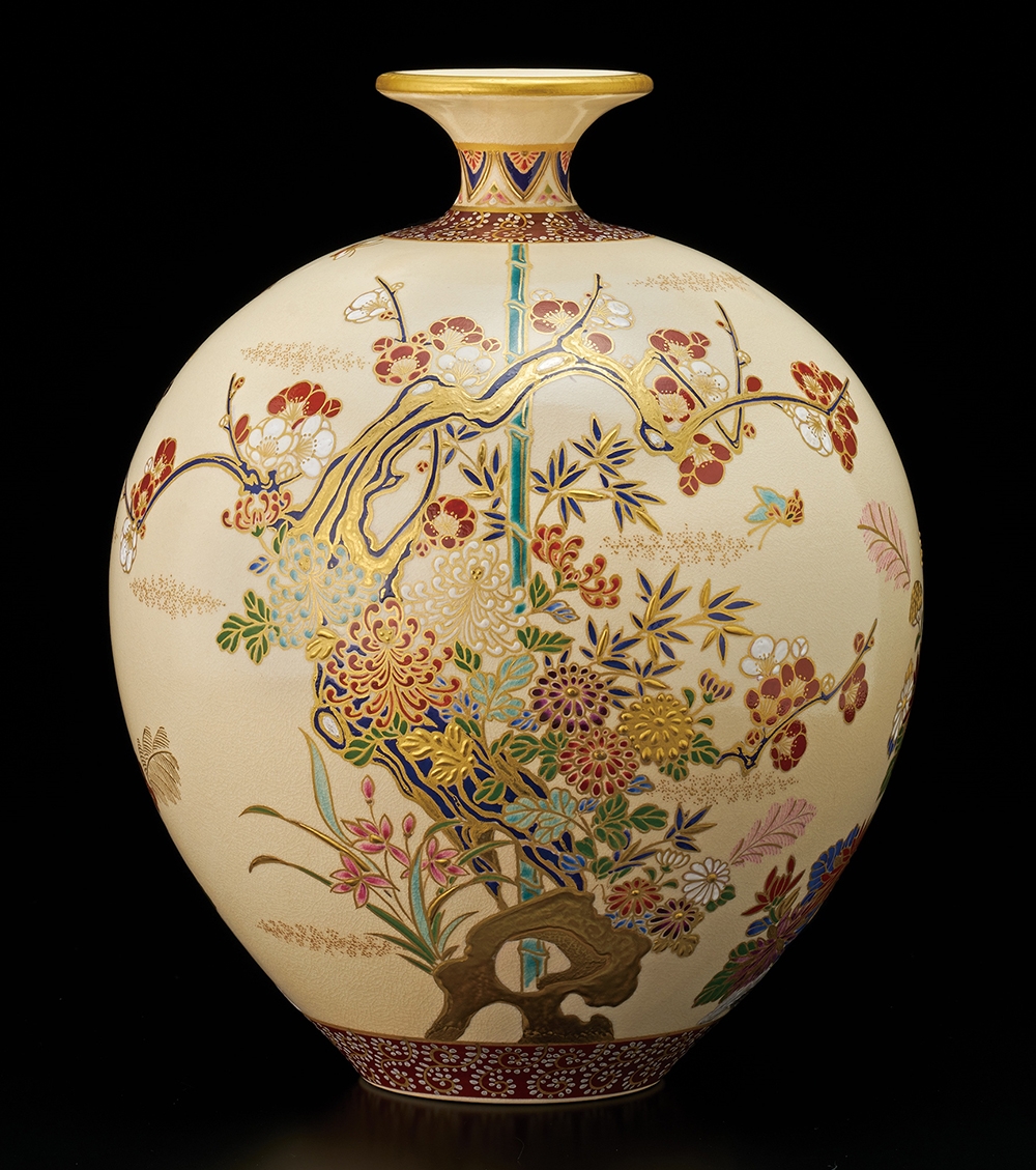 薩摩焼 丸十字薩摩 明治期 香爐 金彩花草文 金襴手 薩摩焼 丸十字薩摩