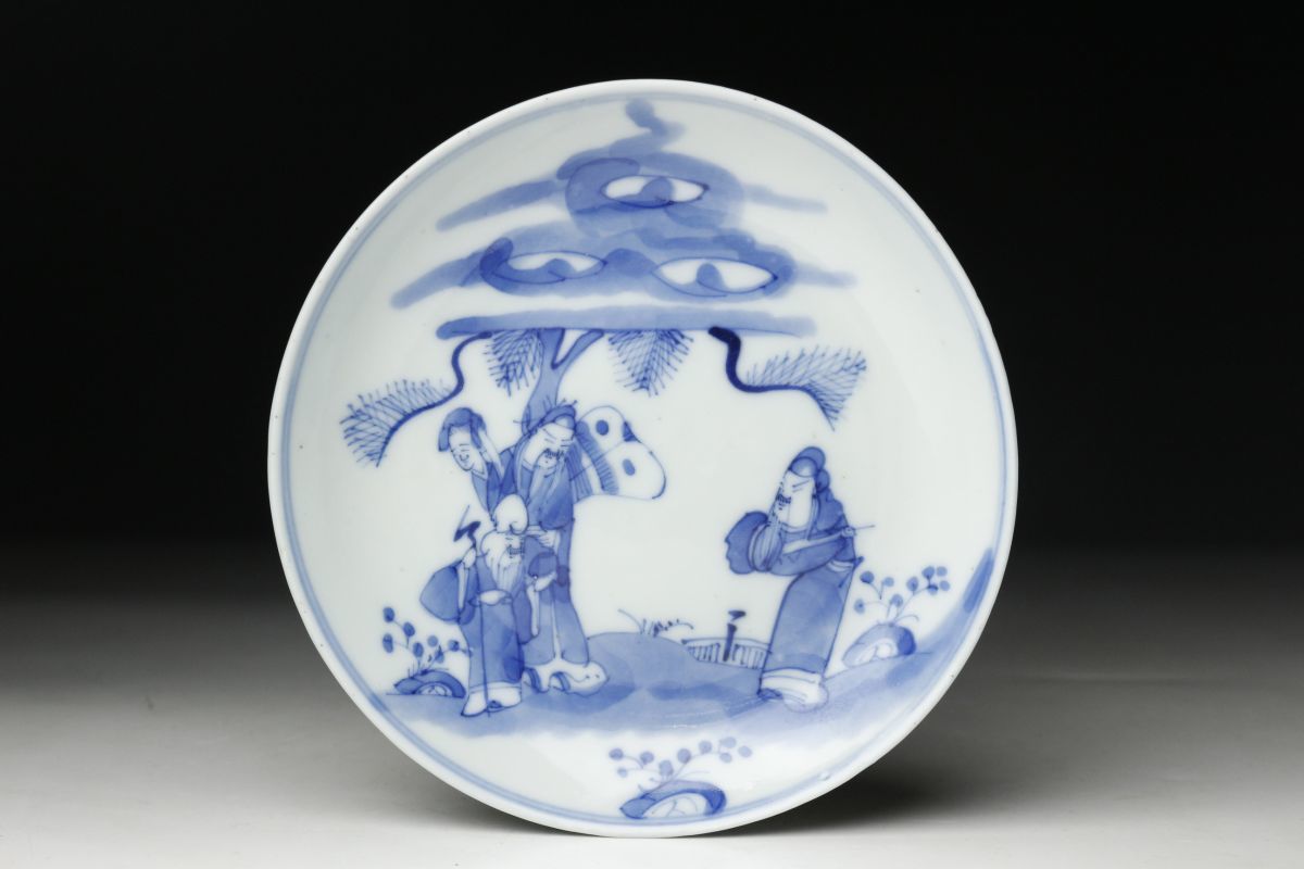 LIG】中国美術 清朝期 玩玉銘 青花 四仙文皿 五客揃
