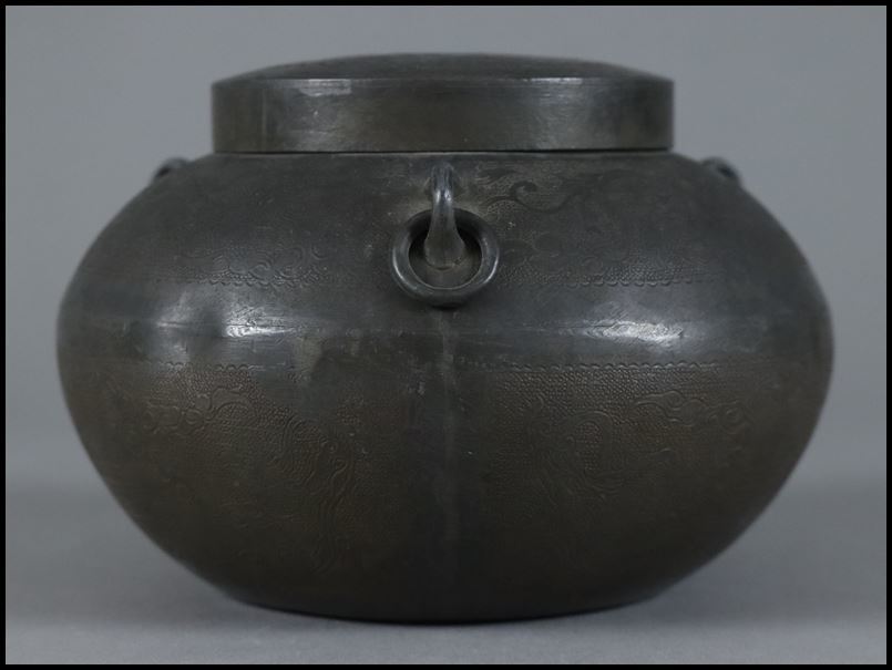 王東文造 古錫製 雲龍鳳凰文刻 三耳壷 茶入 中國古玩 唐物 時代物 骨董